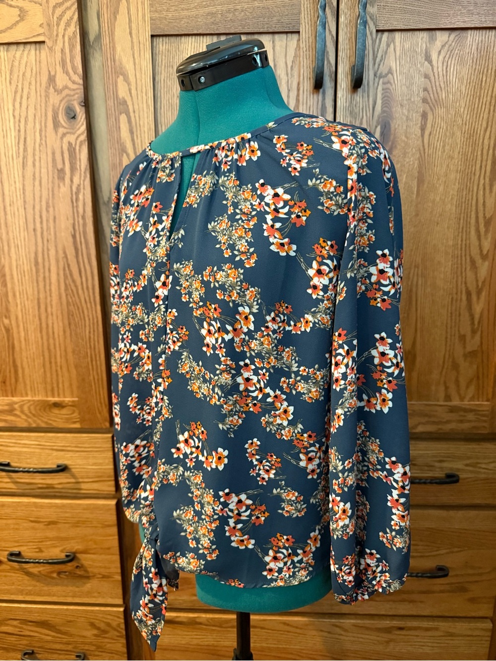 Teal Blue Floral Tie-Neck Blouse